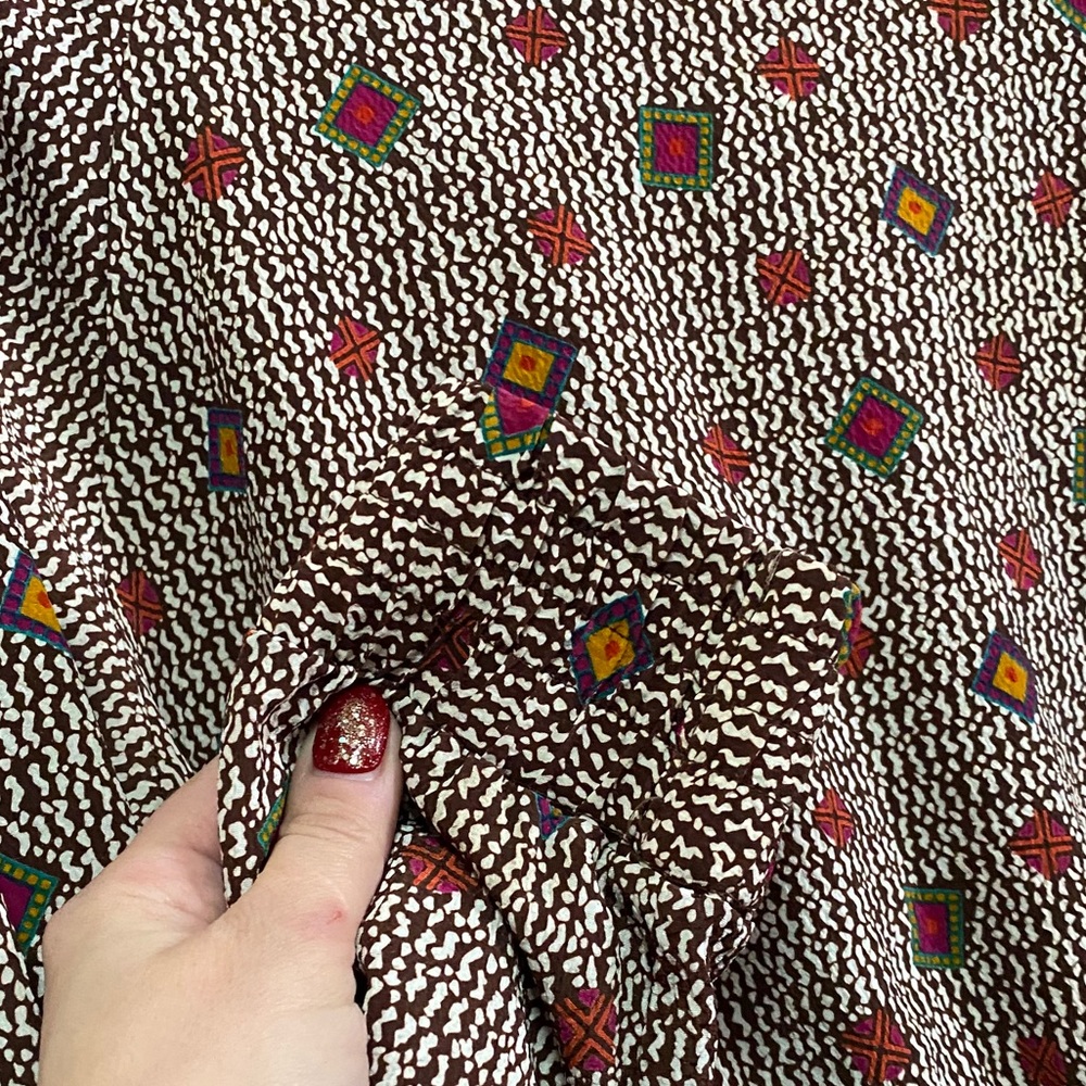Vintage 80s Long Sleeve Brown with Jewel Tone Pattern Blouse + Shoulder Pads - Picture 10 of 15
